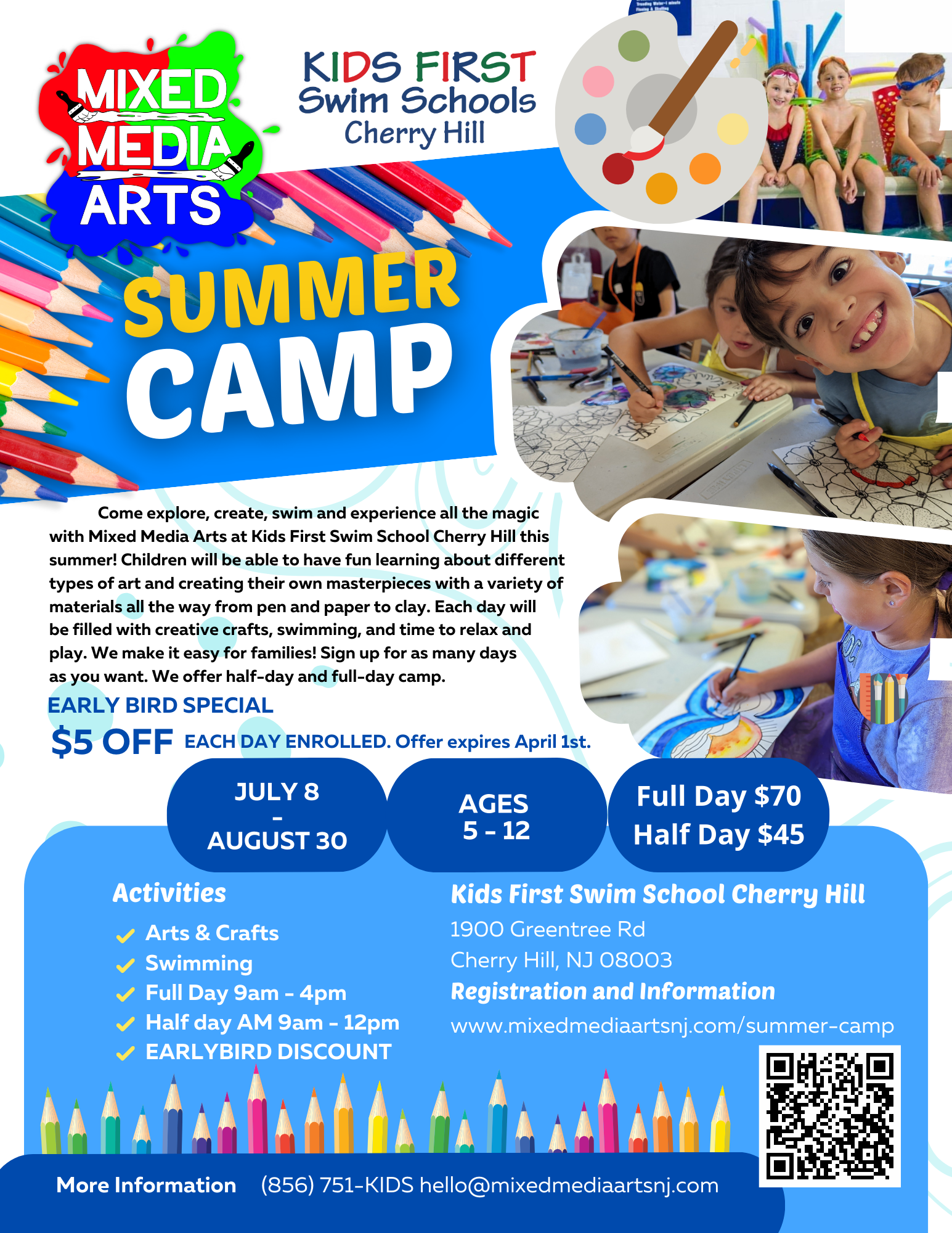 Come explore, create, swim and experience all the magic with Mixed Media Arts at Kids First Swim School Cherry Hill this Summer! Children will be able to have fun learning about different types of art and creating their own masterpieces with a variety of materials all the way from pen and paper to clay. Each day will be filled with creative crafts, swimming, and time to relax and play. We make it easy for families! Sign up for as many days as you want. We offer half-day and full-day experiences. Every day is a great day to come create and play!